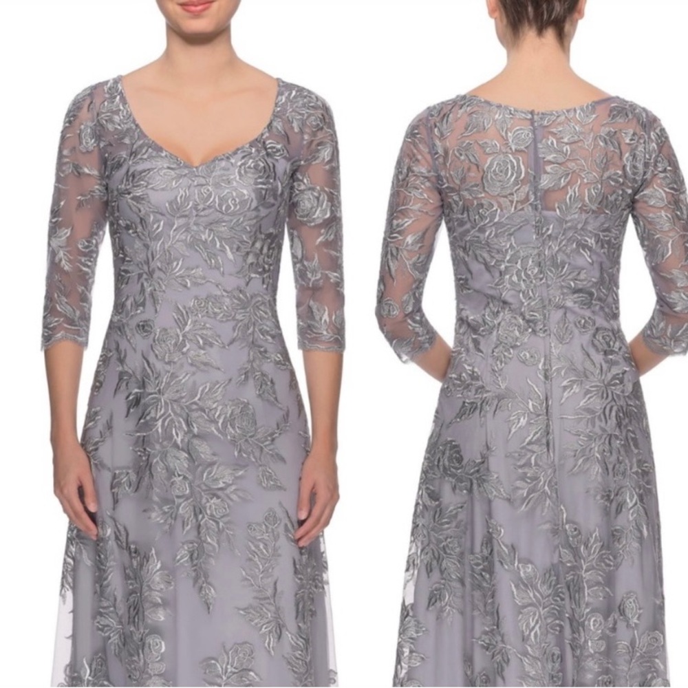 LaFemme 14 silver embroidered long gown hemmed for 5’6” but not worn-has tags